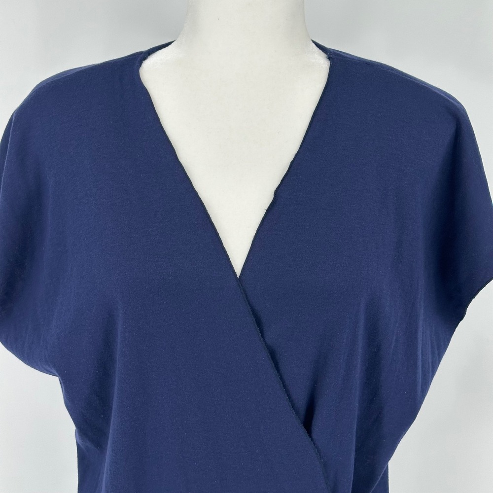 Vtg Navy Blue Wrap Dress Ruffle Hem Short Sleeve Tie Waist V Neck L union made - Picture 2 of 9